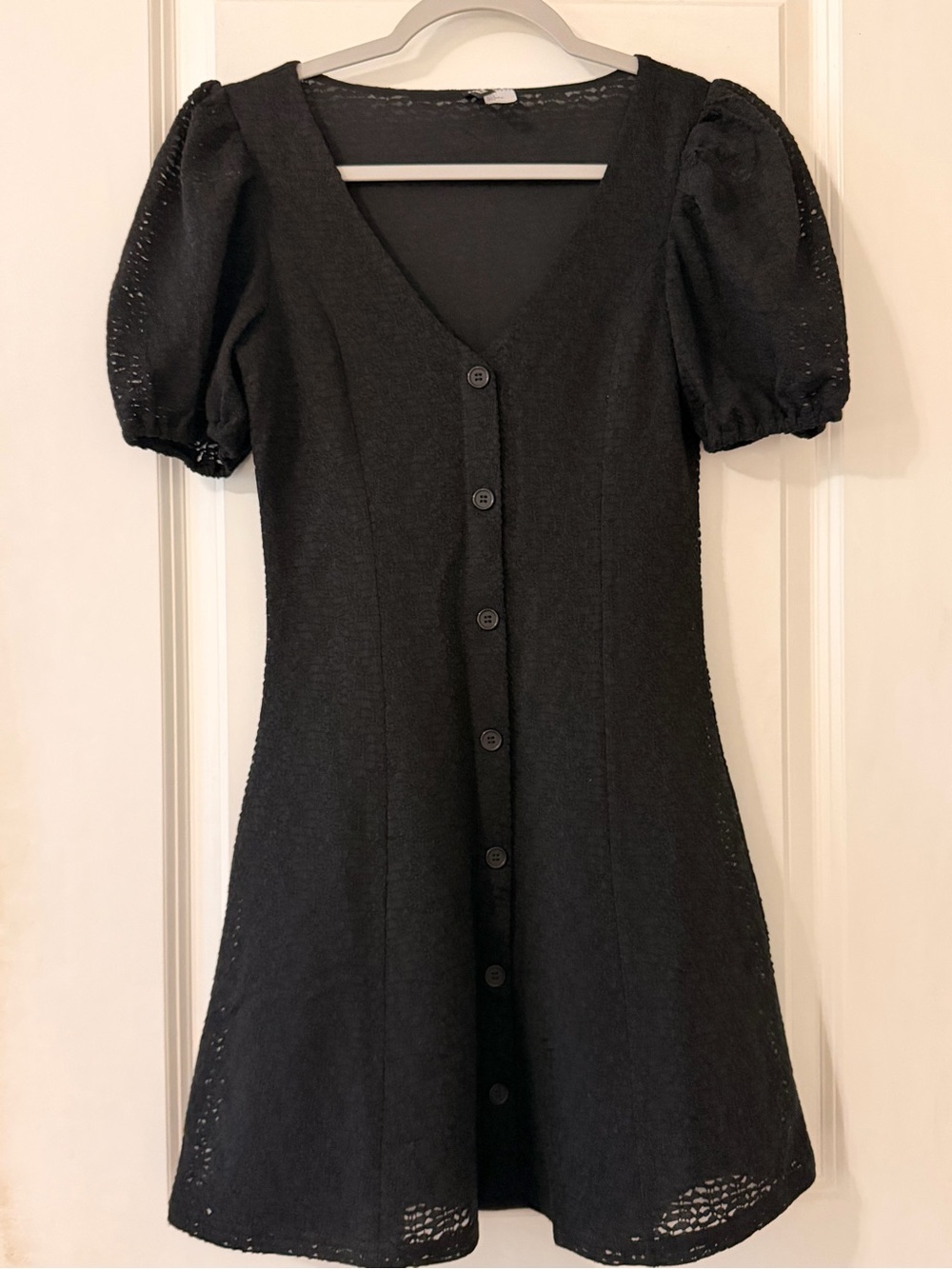 H&M Button-Front Puff Sleeve Mini Black Dress - XS